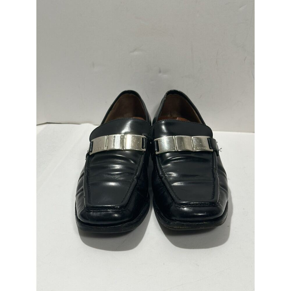 Gucci Leather Black Loafers Shiny Silver Plaque Logo Women 100 0398 36 C Sz 6 - Picture 3 of 12